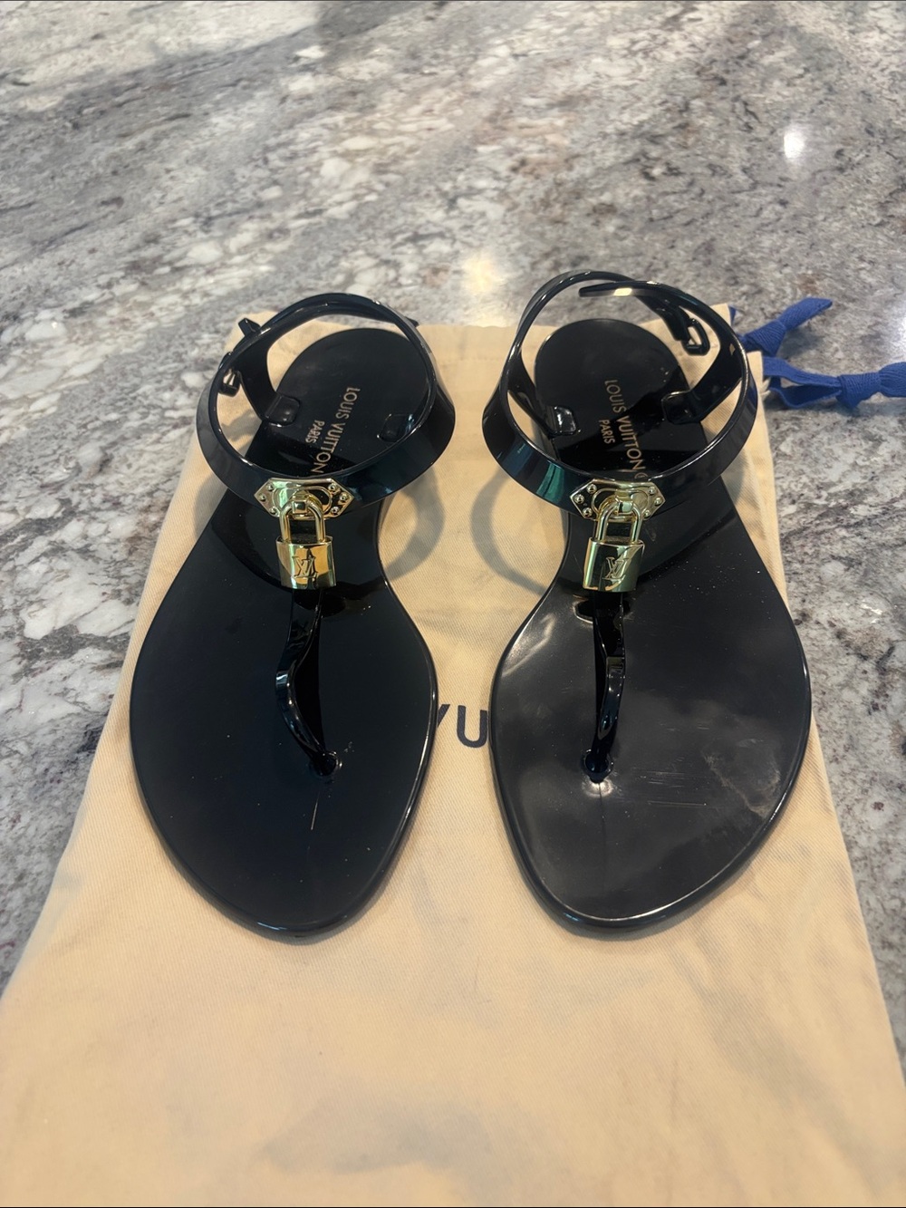 Louis Vuitton Black Patent Leather Sandal with Gold Lock size 39 EU